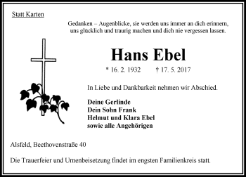Traueranzeige von Hans Ebel von VRM Trauer