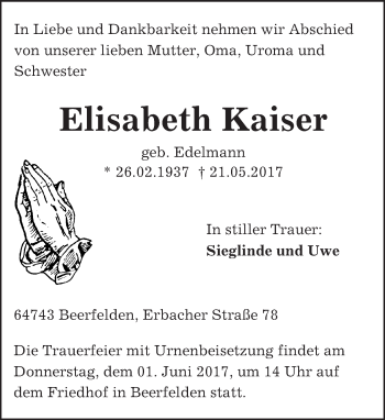 Traueranzeige von Elisabeth Kaiser von Trauerportal Echo Online