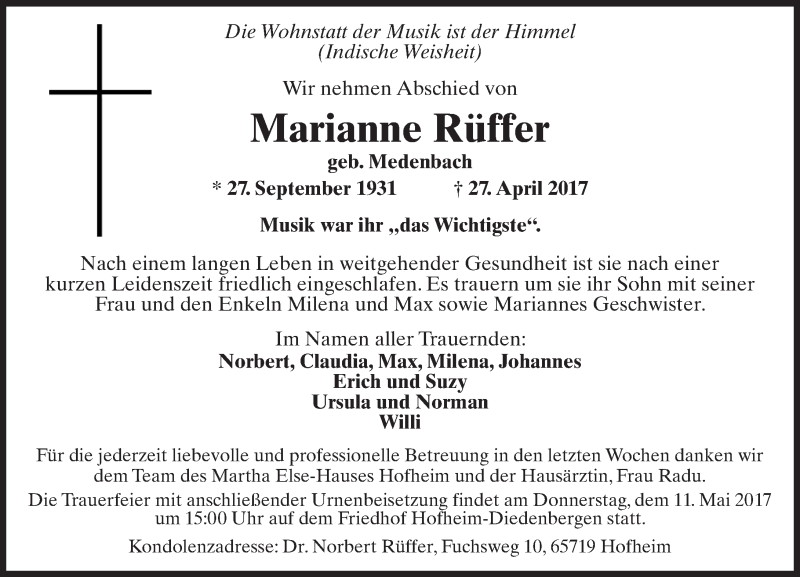  Traueranzeige für Marianne Rüffer vom 05.05.2017 aus Trauerportal Rhein Main Presse