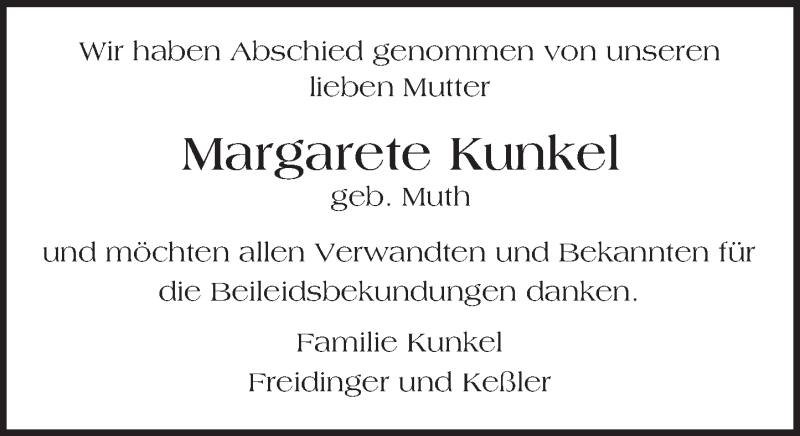  Traueranzeige für Margarete Kunkel vom 06.05.2017 aus Trauerportal Echo Online