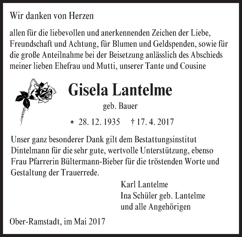  Traueranzeige für Gisela Lantelme vom 13.05.2017 aus Trauerportal Echo Online
