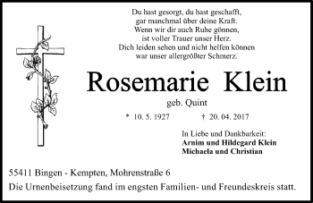 Traueranzeige von Rosemarie Klein von Trauerportal Rhein Main Presse