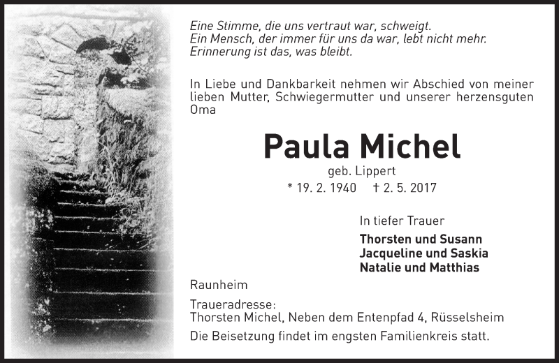  Traueranzeige für Paula Michel vom 06.05.2017 aus Trauerportal Rhein Main Presse