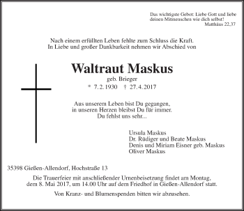 Traueranzeige von Waltraut Maskus von  Gießener Anzeiger