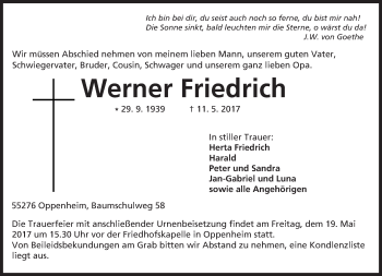 Traueranzeige von Werner Friedrich von Trauerportal Rhein Main Presse