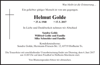 Traueranzeige von Helmut Golde von Trauerportal Rhein Main Presse