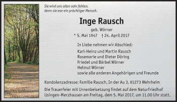 Traueranzeige von Inge Rausch von  Usinger Anzeiger