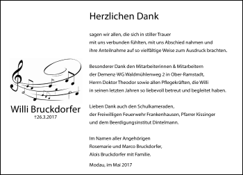 Traueranzeige von Willi Bruckdorfer von Trauerportal Echo Online