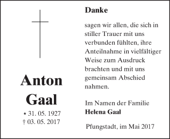 Traueranzeige von Anton Gaal von Trauerportal Echo Online