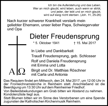 Traueranzeige von Dieter Freudensprung von Trauerportal Echo Online