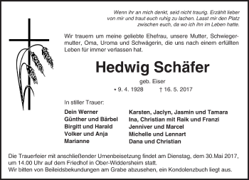 Traueranzeige von Hedwig Schäfer von  Kreisanzeiger