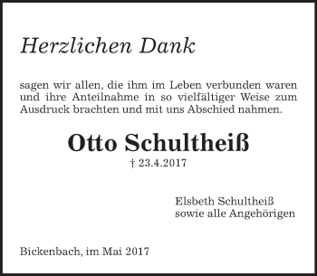 Traueranzeige von Otto Schultheiß von Trauerportal Echo Online