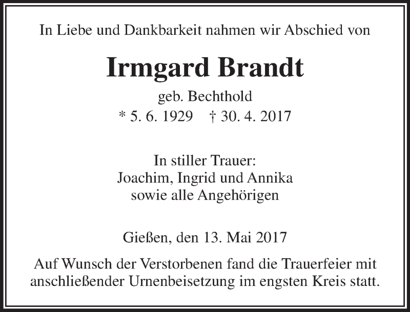  Traueranzeige für Irmgard Brandt vom 13.05.2017 aus  Gießener Anzeiger