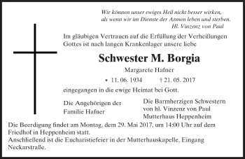 Traueranzeige von Margarete Hafner von Trauerportal Echo Online