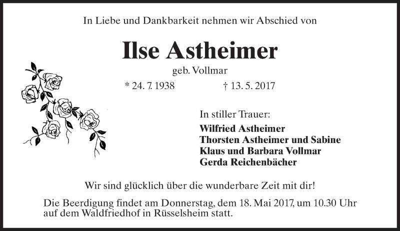  Traueranzeige für Ilse Astheimer vom 16.05.2017 aus Trauerportal Rhein Main Presse