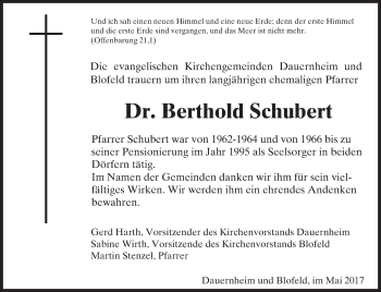 Traueranzeige von Berthold Schubert von  Kreisanzeiger