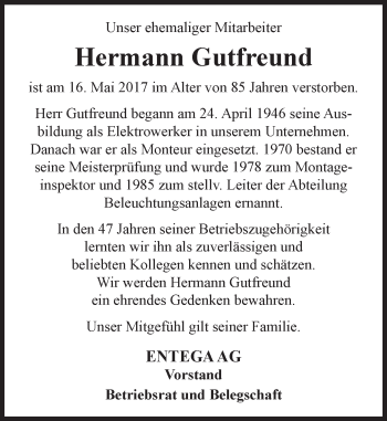 Traueranzeige von Hermann Gutfreund von Trauerportal Echo Online