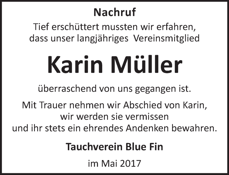  Traueranzeige für Karin Müller vom 03.05.2017 aus Trauerportal Rhein Main Presse