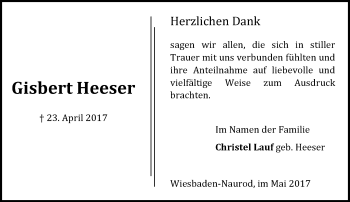 Traueranzeige von Gisbert Heeser von Trauerportal Rhein Main Presse