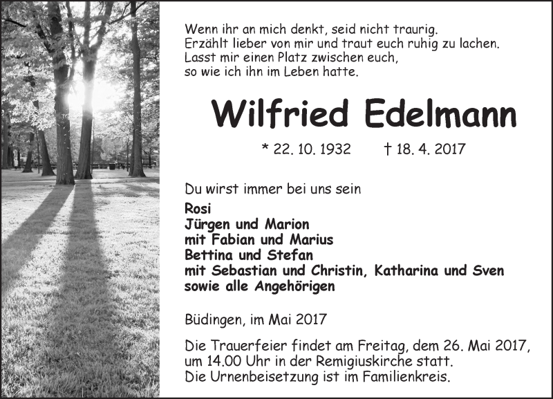  Traueranzeige für Wilfried Edelmann vom 20.05.2017 aus  Kreisanzeiger
