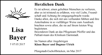 Traueranzeige von Lisa Bayer von Trauerportal Echo Online