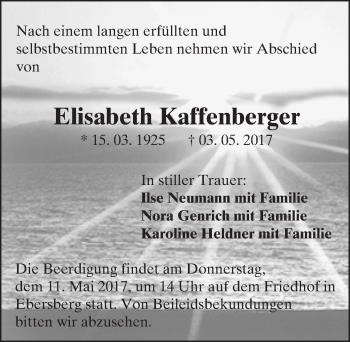Traueranzeige von Elisabeth Kaffenberger von Trauerportal Echo Online