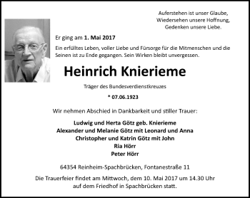 Traueranzeige von Heinrich Knierieme von Trauerportal Echo Online