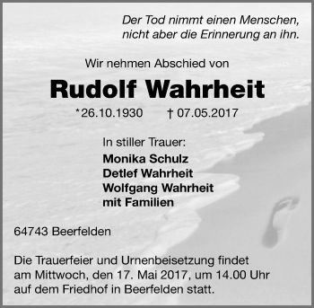 Traueranzeige von Rudolf Wahrheit von Trauerportal Echo Online