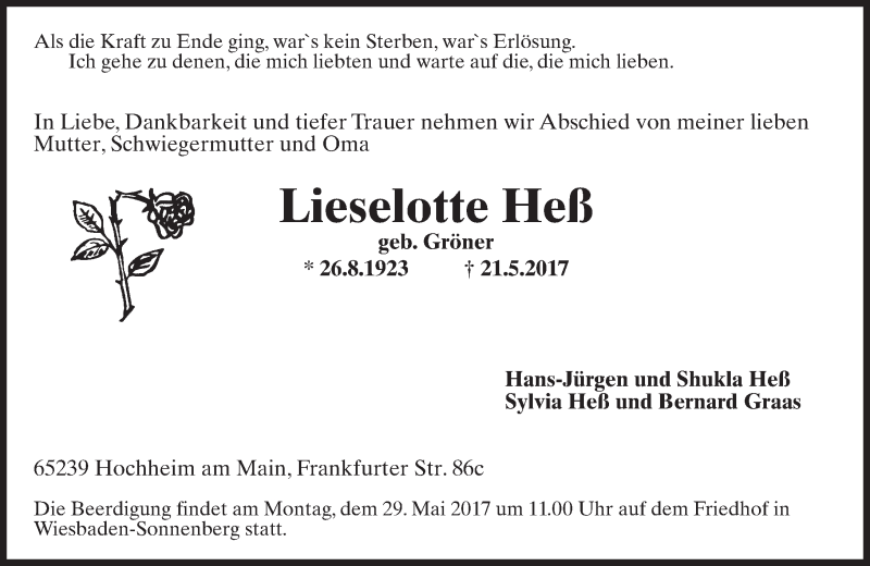  Traueranzeige für Lieselotte Heß vom 24.05.2017 aus Trauerportal Rhein Main Presse
