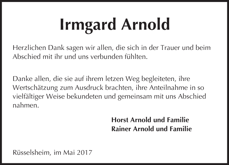  Traueranzeige für Irmgard Arnold vom 20.05.2017 aus Trauerportal Rhein Main Presse