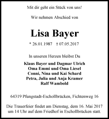 Traueranzeige von Lisa Bayer von Trauerportal Echo Online