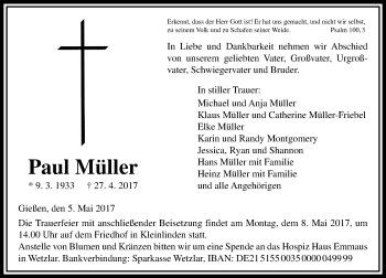 Traueranzeige von Paul Müller von  Gießener Anzeiger