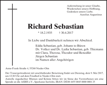 Traueranzeige von Richard Sebastian von Trauerportal Rhein Main Presse