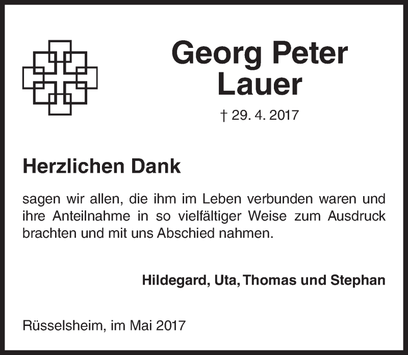 Traueranzeige für Georg Peter Lauer vom 20.05.2017 aus Trauerportal Rhein Main Presse