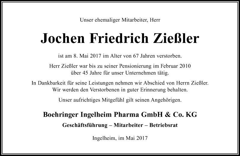  Traueranzeige für Jochen Friedrich Zießler vom 20.05.2017 aus Trauerportal Rhein Main Presse