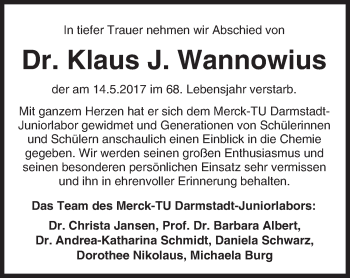 Traueranzeige von Klaus J. Wannowius von Trauerportal Echo Online
