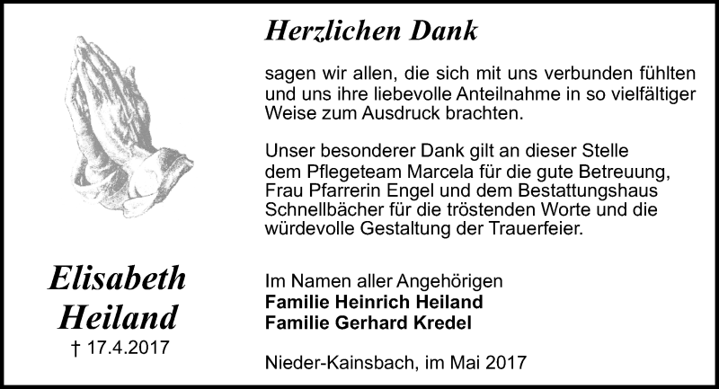  Traueranzeige für Elisabeth Heiland vom 27.05.2017 aus Trauerportal Echo Online