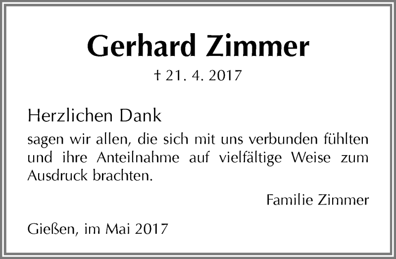  Traueranzeige für Gerhard Zimmer vom 06.05.2017 aus  Gießener Anzeiger