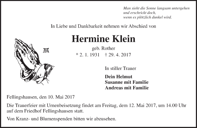  Traueranzeige für Hermine Klein vom 10.05.2017 aus  Gießener Anzeiger