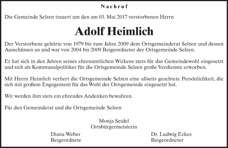  Traueranzeige für Adolf Heimlich vom 06.05.2017 aus Trauerportal Rhein Main Presse