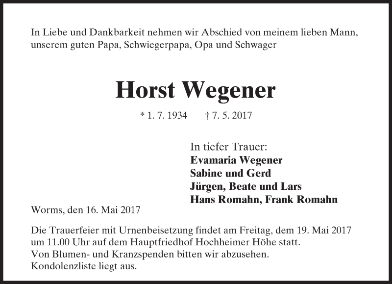  Traueranzeige für Horst Wegener vom 16.05.2017 aus Trauerportal Rhein Main Presse