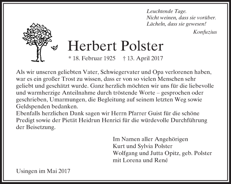  Traueranzeige für Herbert Polster vom 13.05.2017 aus  Usinger Anzeiger