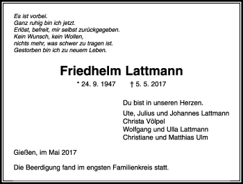 Traueranzeige von Friedhelm Lattmann von  Gießener Anzeiger