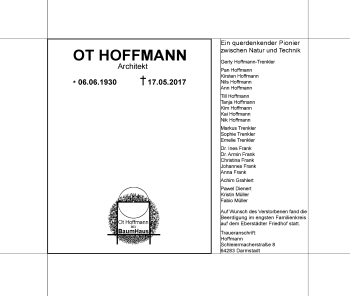 Traueranzeige von Ot Hoffmann von Trauerportal Echo Online