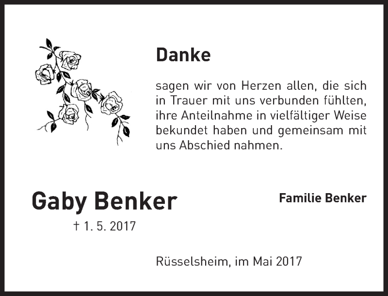  Traueranzeige für Gaby Benker vom 27.05.2017 aus Trauerportal Rhein Main Presse