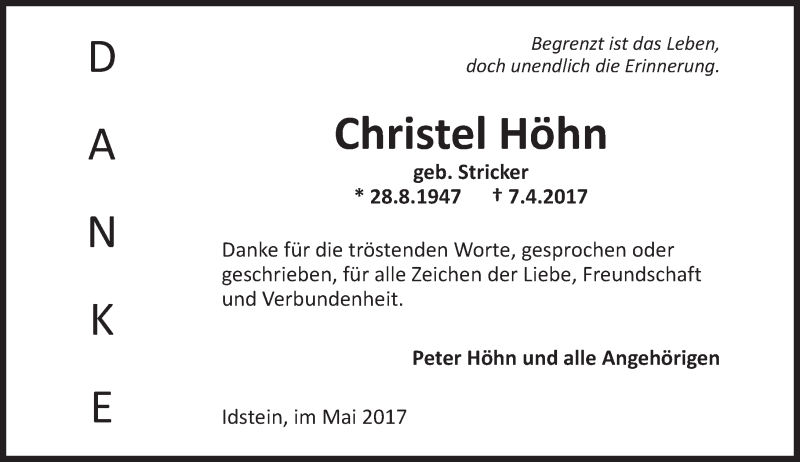  Traueranzeige für Christel Höhn vom 06.05.2017 aus Trauerportal Rhein Main Presse