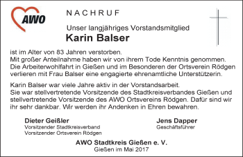Traueranzeige von Karin Baiser von  Gießener Anzeiger