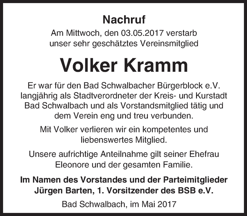  Traueranzeige für Volker Kramm vom 10.05.2017 aus Trauerportal Rhein Main Presse