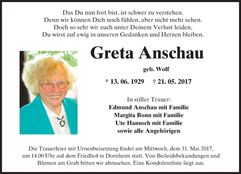  Traueranzeige für Greta Anschau vom 29.05.2017 aus Trauerportal Rhein Main Presse