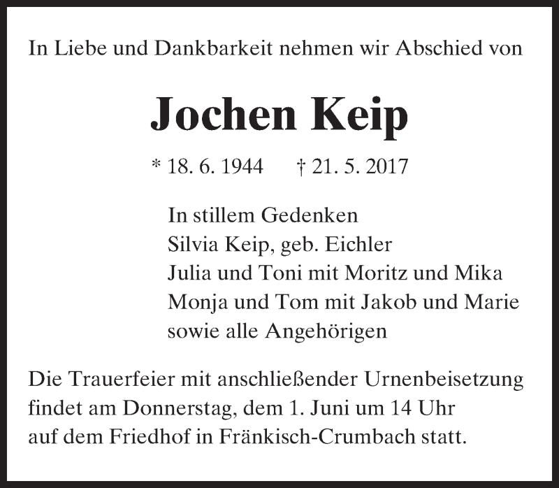  Traueranzeige für Jochen Keip vom 27.05.2017 aus Trauerportal Echo Online